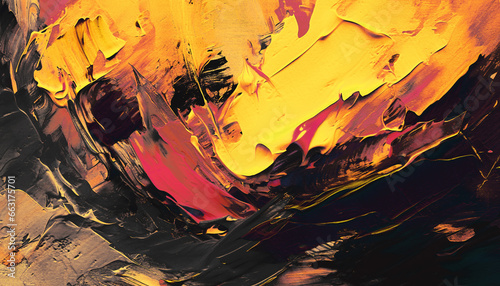 Abstract oil painting, gold yellow, pink, black brush strokes background, wallpaper, paint texture, bold art, expressive artwork, fine realistic detail, modern style, evoking vibrant emotions, feeling