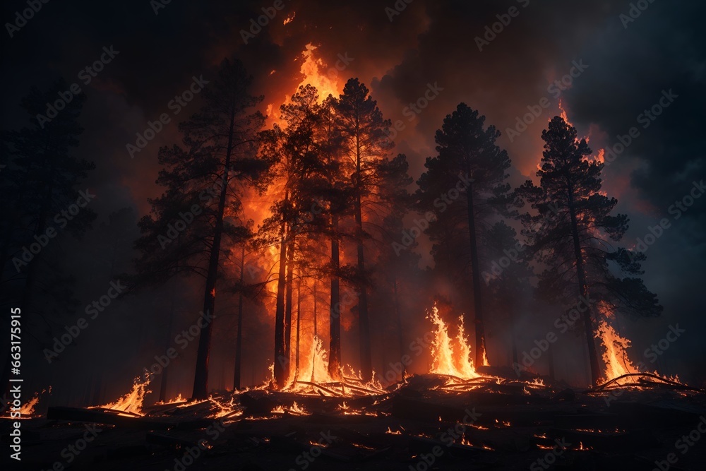 Fototapeta premium The forest is on fire. Forest fires and a lot of smoke resulted in burned trees.