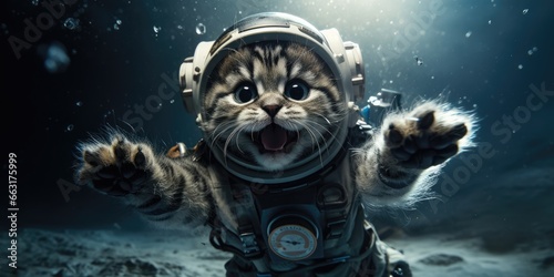 a cute cat in an astronaut suit is flying in the moon, AI Generative