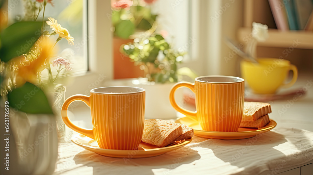 Vintage cups with tea and coffee, with toasts, in the yellow retro kitchen, sunny morning breakfast at home
