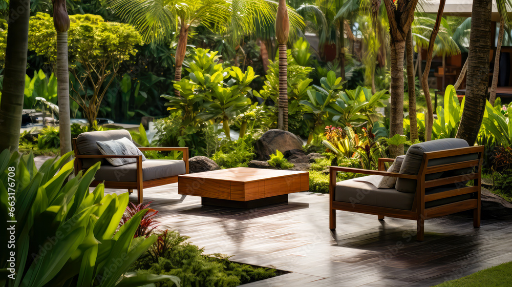 Tropischer Garten mit moderner Innenausstattung. Generiert mit KI