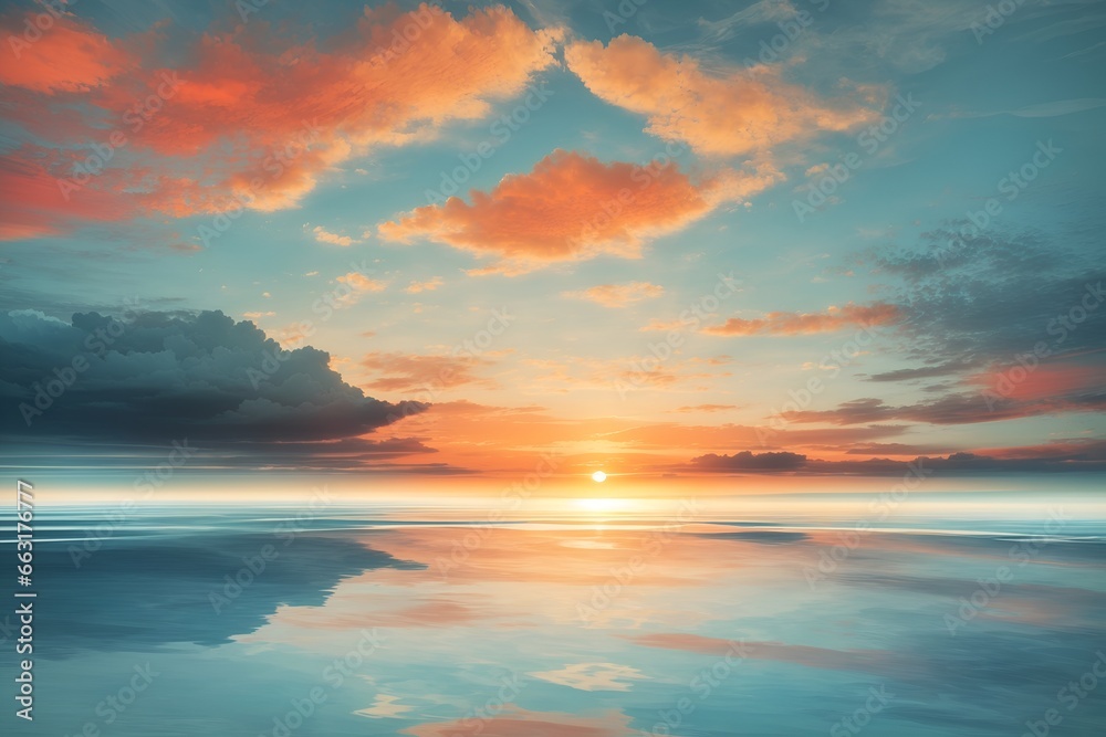 An aerial view of the sunset over the ocean. Water, sky, and clouds are all there is. A dramatic and picturesque evening scene. Background of colorful clouds and ocean.
