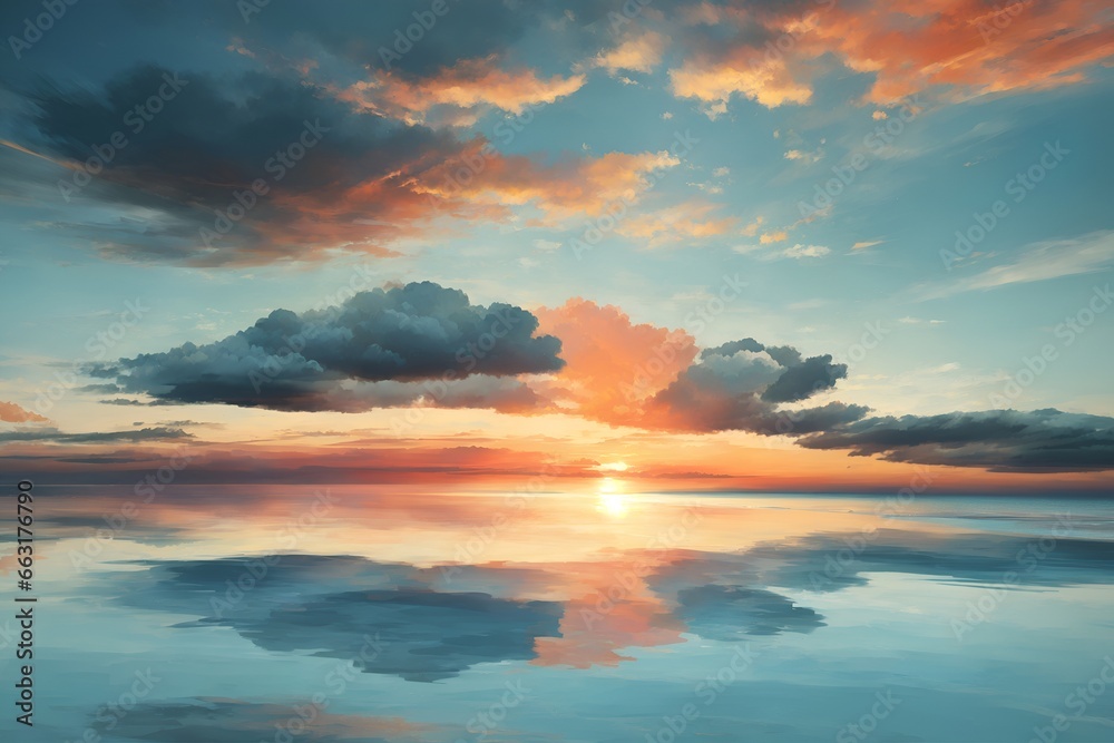 An aerial view of the sunset over the ocean. Water, sky, and clouds are all there is. A dramatic and picturesque evening scene. Background of colorful clouds and ocean.