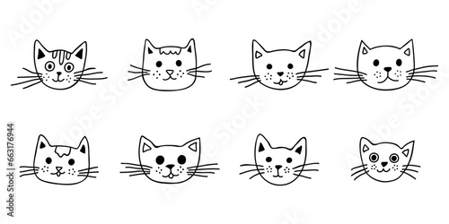 Hand drawn cat muzzle clipart. Cute pet face doodle set