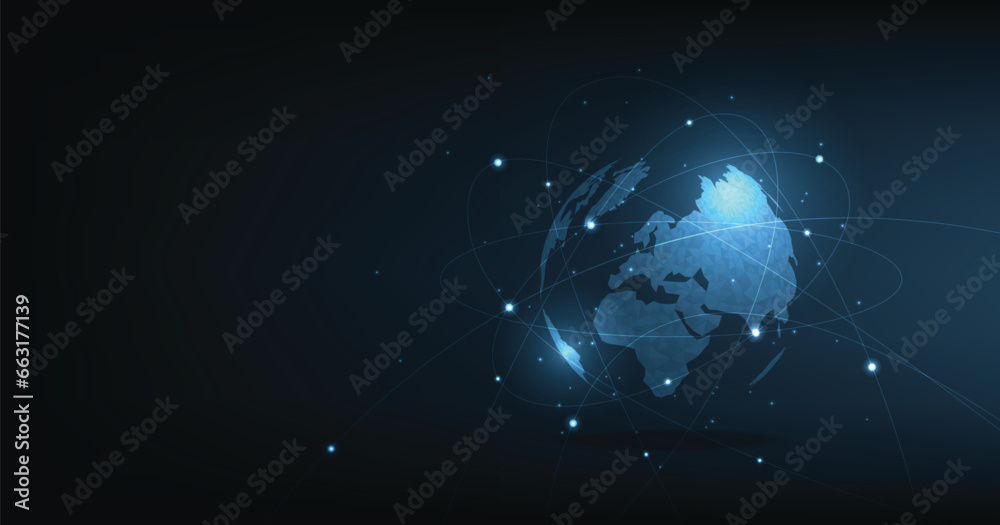 Global network technology background.World image on dark blue background.Communication technology for business.Futuristic globalization modern.3D vector illustration. - obrazy, fototapety, plakaty 