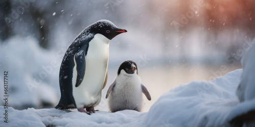 Baby penguin and his mother walking in the snow  AI Generative