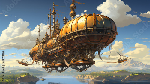 Medieval airship stylized flying