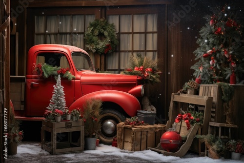 an old red truck with christmas decorations in a rustic garage