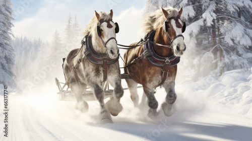 Portrait of a team of coldblood draft horses pushing a sleigh in front of a snowy winter mountain landscape