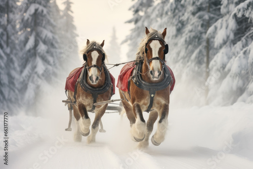 Portrait of a team of coldblood draft horses pushing a sleigh in front of a snowy winter mountain landscape