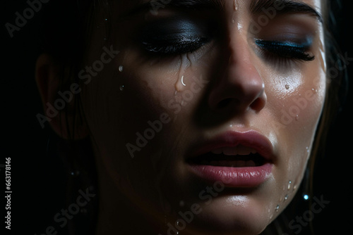 Dramatic Close up of beauty girl cry on black background