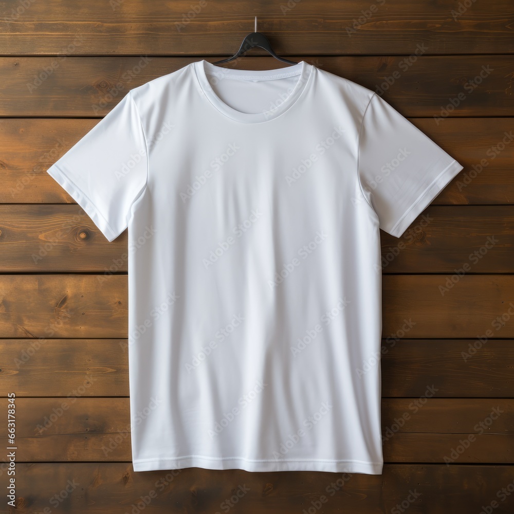 plain white t-shirt mockup with a hanger hanging on a wooden background, AI Generative plain white t-shirt mockup with a hanger hanging on a wooden background, AI Generative