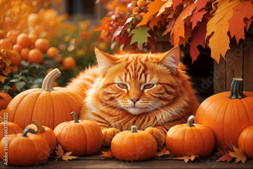 An orange fluffy cat between big pumpkins sleeping, © ellinnur