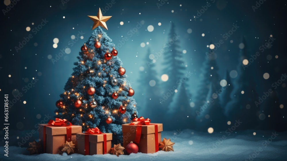 Obraz premium decorated Christmas tree with blurred snowfall background.