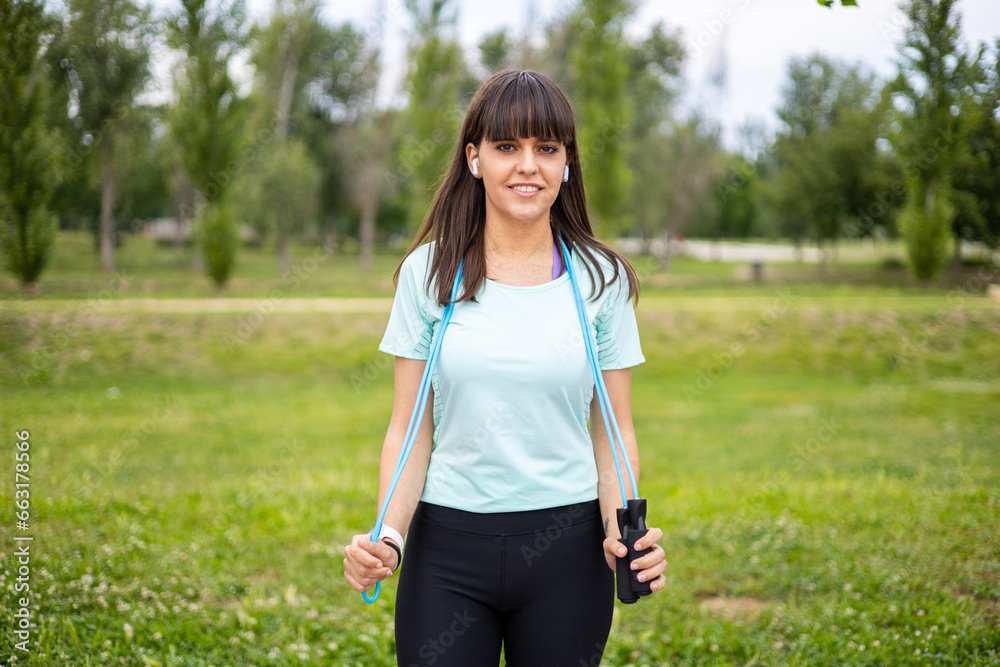 Beautiful young athlete woman portrait with a jump rope at fitness training outdoors. Sport, wellness and exercise. Beautiful young athlete woman portrait with a jump rope at fitness training outdoors. Sport, wellness and exercise.