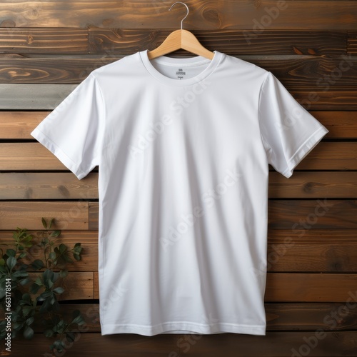 plain white t-shirt mockup with a hanger hanging on a wooden background, AI Generative