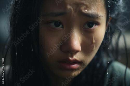 Dramatic Close up Portrait of Sad teenage Asian girl crying with tears