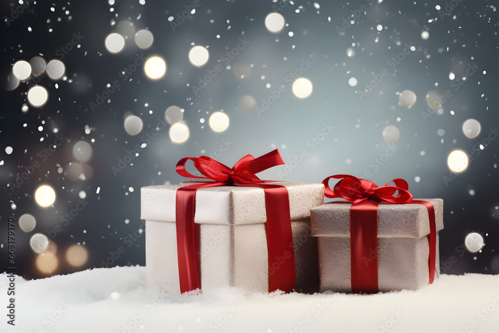 Christmas gift group with red ribbon on snow covered surface, snowfall and abstract background with sparkling lights and snowflakes. Christmas gift group with red ribbon on snow covered surface, snowfall and abstract background with sparkling lights and snowflakes.