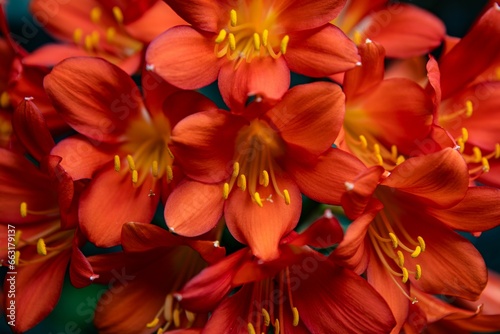 Vibrant orange Clivia  flower against a dark background creating a soft blur