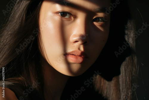 Dramatic Portrait of a young Asian woman while half of her face is lit by the sun and the other half is in the shadow