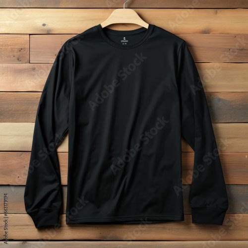 plain black t-shirt mockup with a hanger hanging on a wooden background, AI Generative