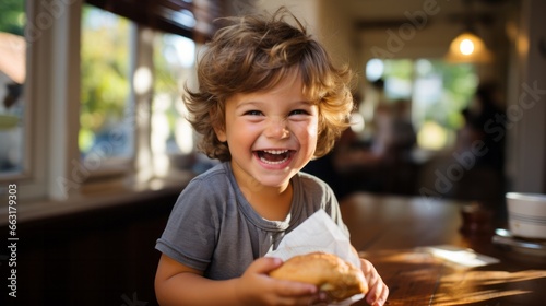 Lachendes dunkelblondes Kind mit grauem T-Shirt, hält ein kleines Brot in der Hand und steht in einem gut beleuchtetem Café photo
