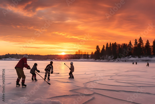 Group of children playing ice hockey on frozen lake in winter surrounded by forests and sunset in the background. photo