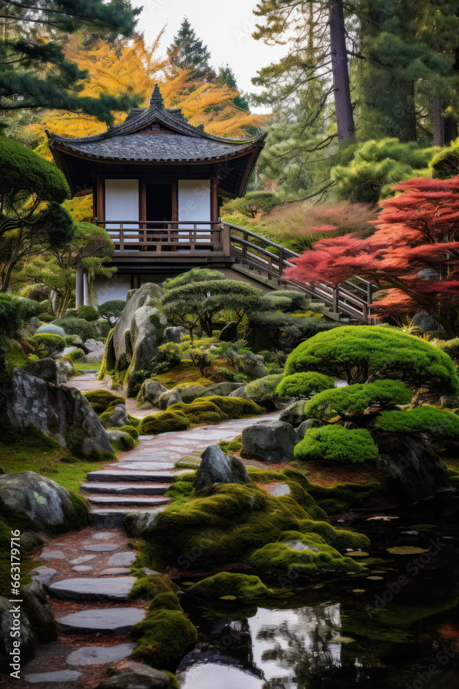 Japanese fall autumn. Temple with red leaves and pond.