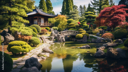 Japanese fall autumn. Temple with red leaves and pond.