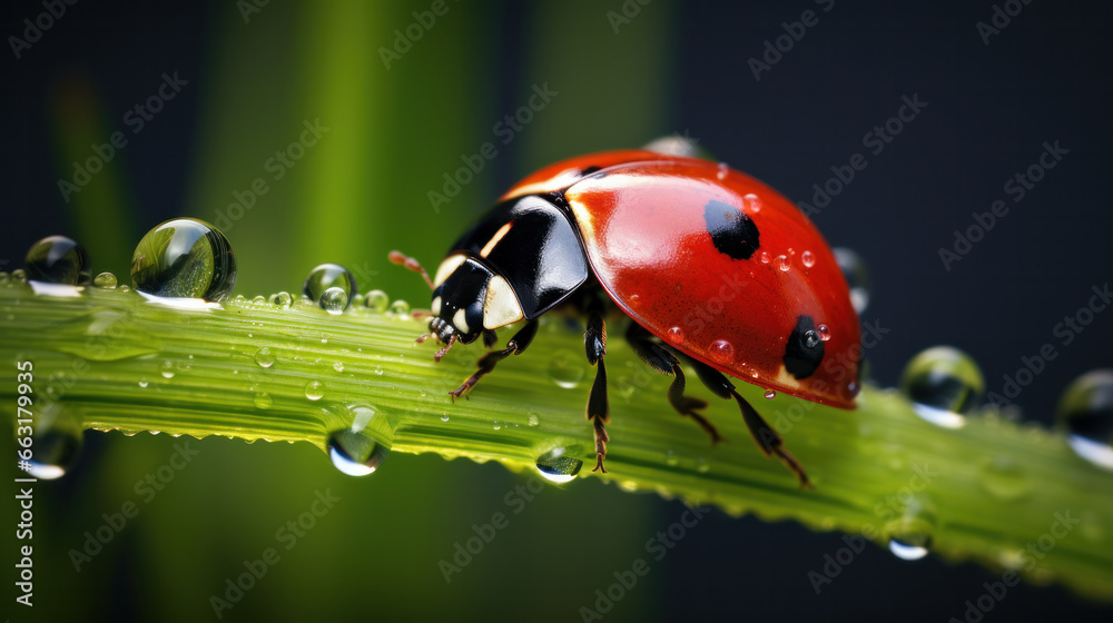 Fototapeta premium Macro photo of Ladybug in the green grass. Macro bugs and insects world. Nature in spring concept.