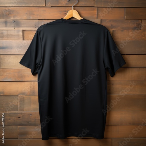 A view from back Luxurious plain black oversize t-shirt mockup with a hanger hanging on a wooden background, AI Generative