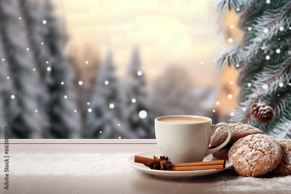 Generative AI Image of Winter Background with a Cup of Coffee and Cookies on Table - obrazy, fototapety, plakaty 