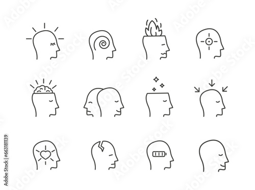 Mental health thin line outline colored icon set. Psychology concept. Psychological and psychiatric problems of personality. Person with different positive, negative state. Vector pictograms. 