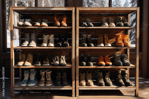 Generative AI Image of Winter Inside the House with Collection of Shoes on Wooden Shelf