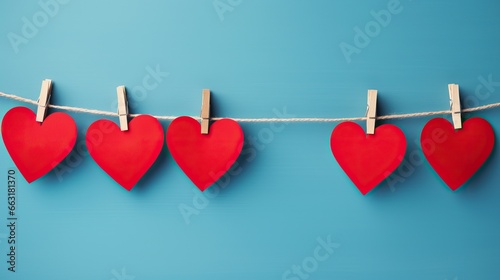 Red hearts on rope with clothespins, on a blue background. Place for text, copy space.