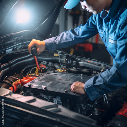A technician repairing car engine in night with his equipment.A flair in the image to provide light in the night