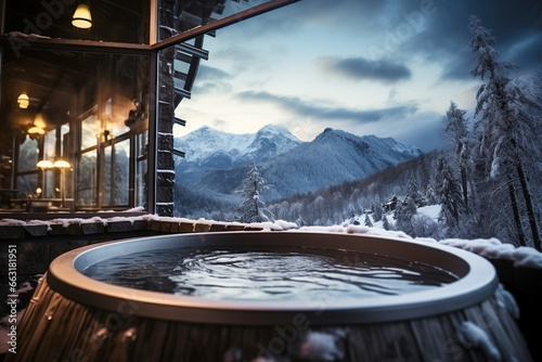 hot thermal Jacuzzi bath in spa hotel in nature with a view of the mountains and the forest in winter
