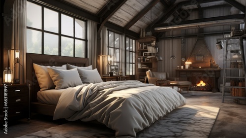Photo of a cozy bedroom with a grand bed and a warm fireplace