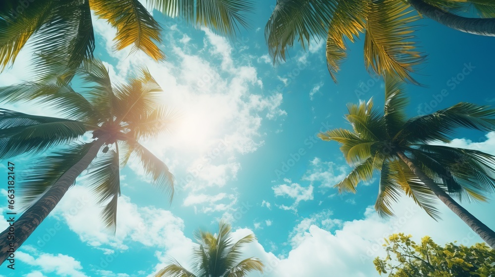 Photo of palm trees against a blue sky