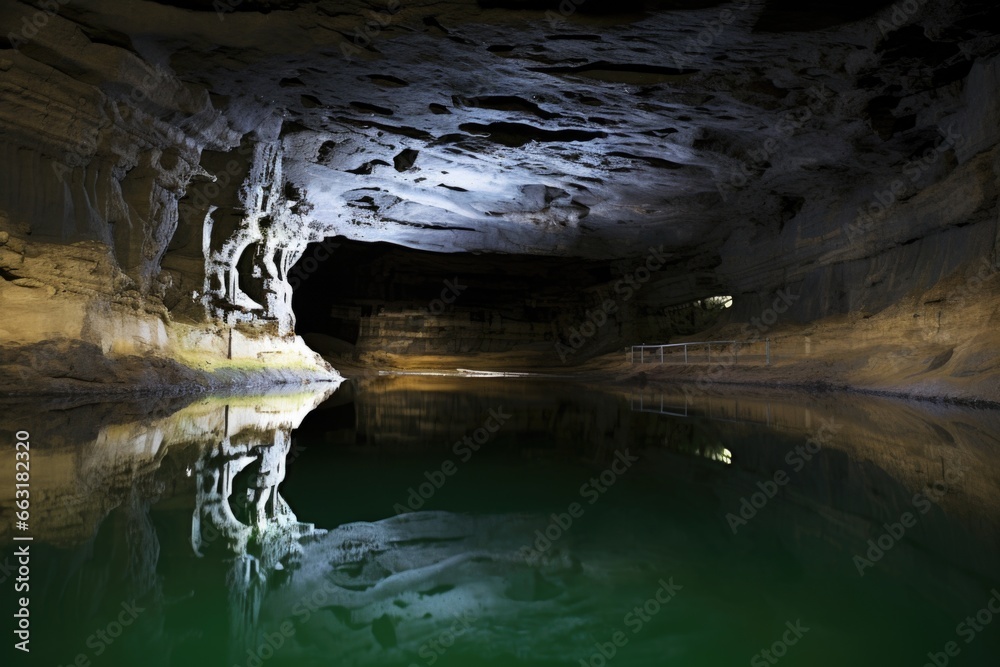 reflective, still underground cave pool with visible depth