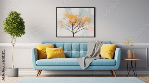 Photo of a cozy living room with a blue couch and yellow pillows