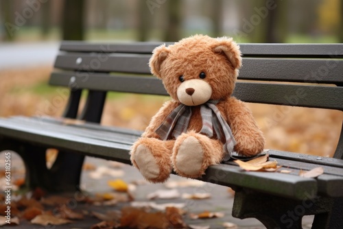 a teddy bear left behind on a park bench