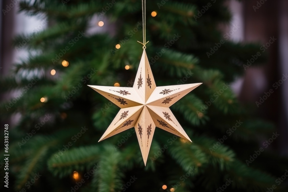 wooden bethlehem star hanging on a pine branch