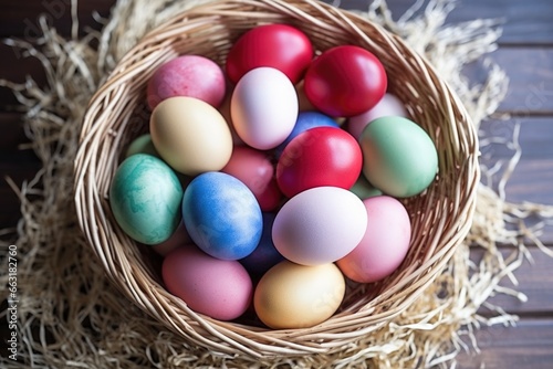 painted eggs of various colors arranged in a straw basket