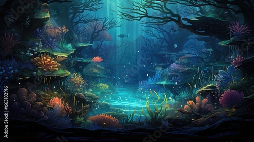 A mesmerizing aqua scape that resembles a fantastical underwater forest, AI Generative © Horsi