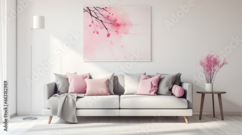 Photo of a cozy living room with a stylish couch and a captivating painting on the wall
