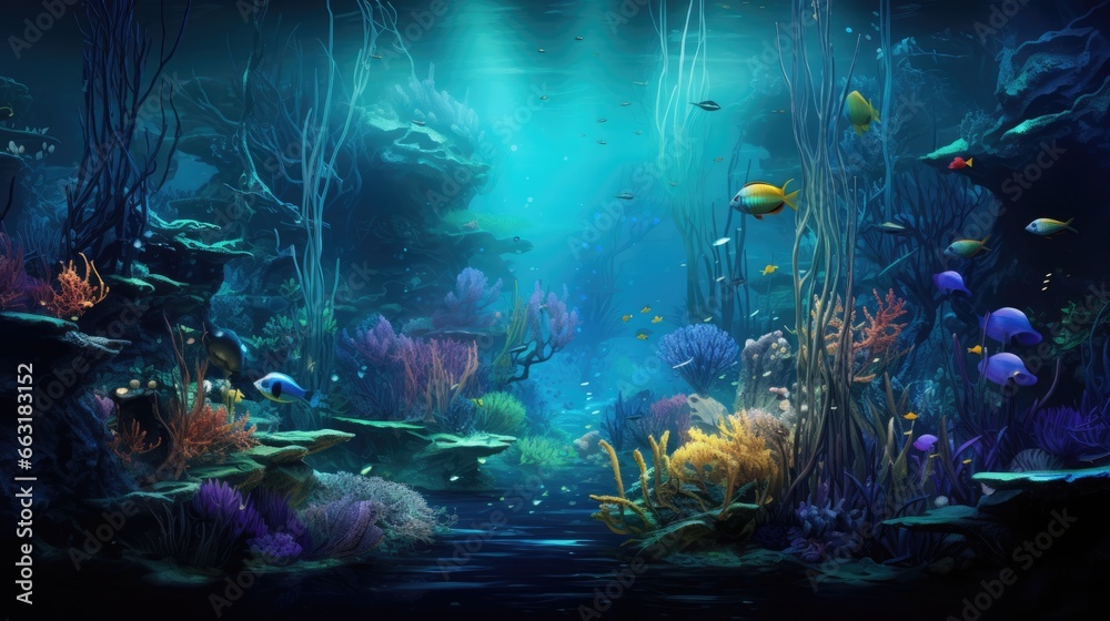 A mesmerizing aqua scape that resembles a fantastical underwater forest, AI Generative