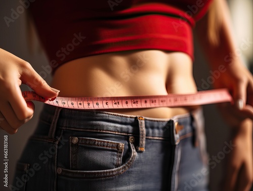 A young girl measures her waist with a centimeter on a dark gray background, copy space. Female body, slim waist. The girl’s healthy athletic body, diet, weight loss