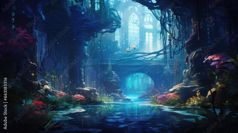 A mesmerizing aqua scape that resembles a fantastical underwater forest, AI Generative