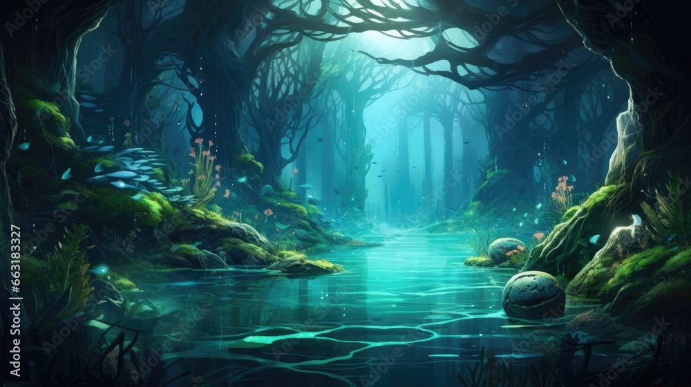 A mesmerizing aqua scape that resembles a fantastical underwater forest, AI Generative A mesmerizing aqua scape that resembles a fantastical underwater forest, AI Generative